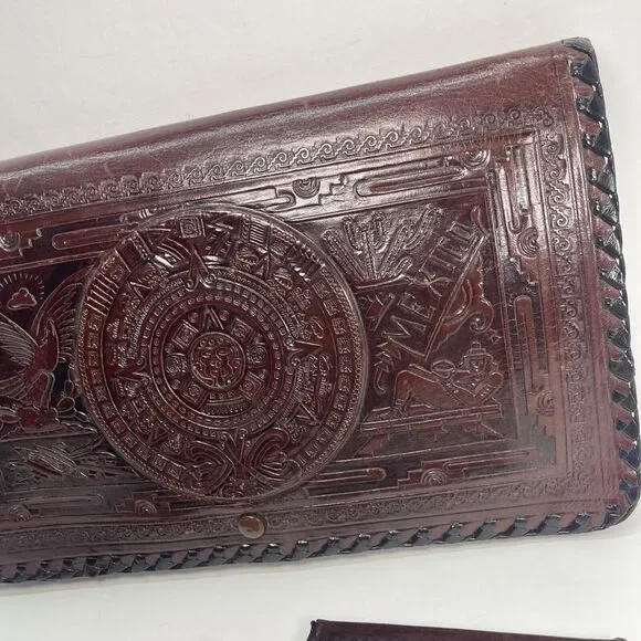 Wallet Fold Hand Tooled Leather Embossed Aztec Stamped Mexico Brown 12x7.5in WOW